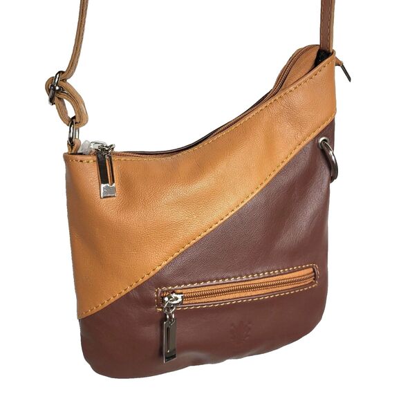Florence Italian Leather asymmetric colorblock two tone brown crossbody NEW - Picture 11 of 11